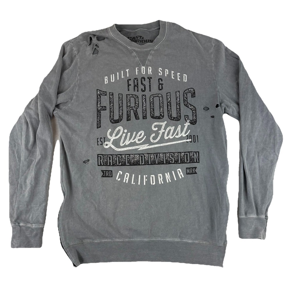 Fast & Furious‎ by AFFLICTION Men's Medium Hole Distressed Sweatshirt Fade Gray